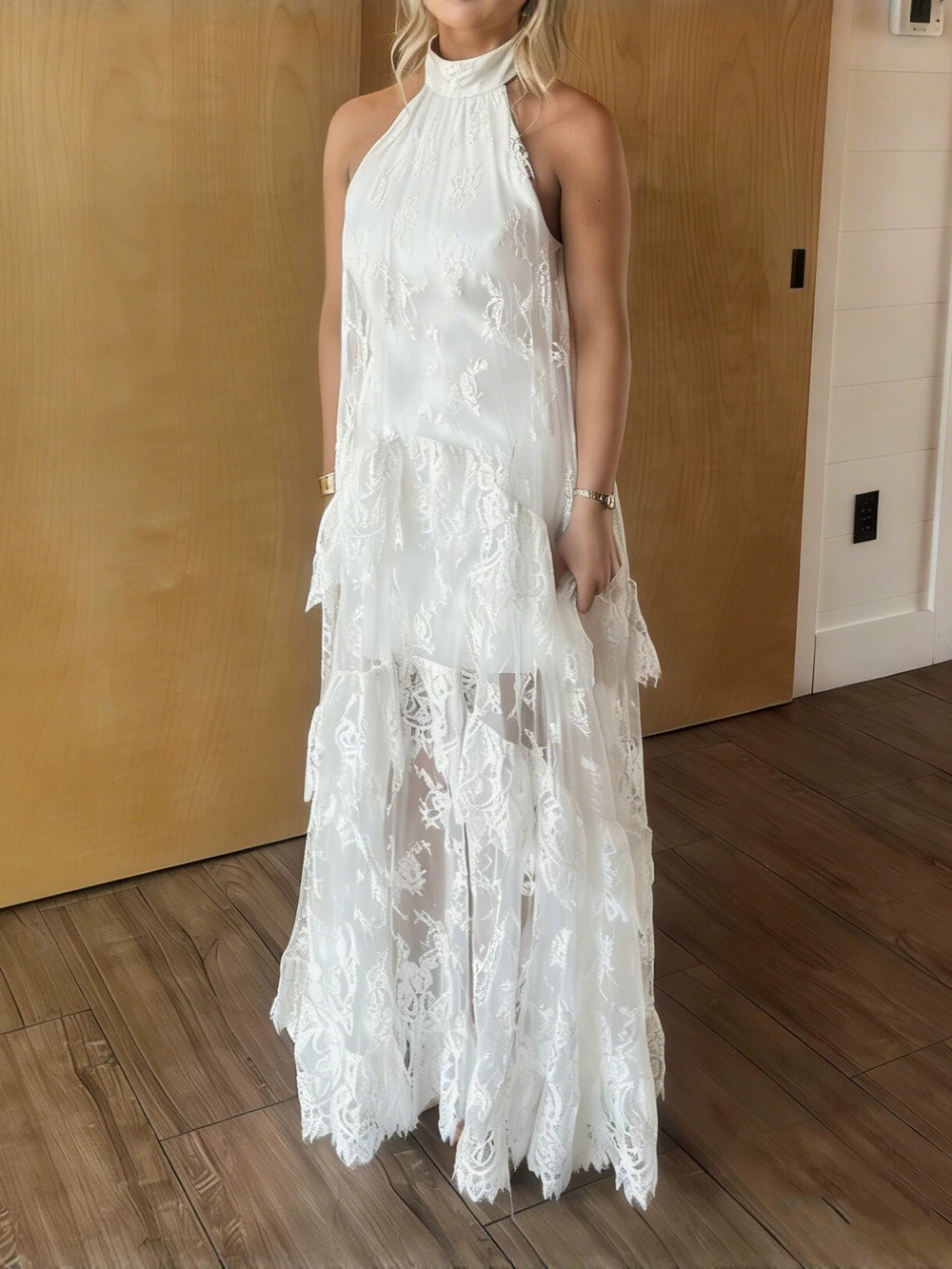 ZARA White Lace Halter Sleeveless High Neck Layered Gown